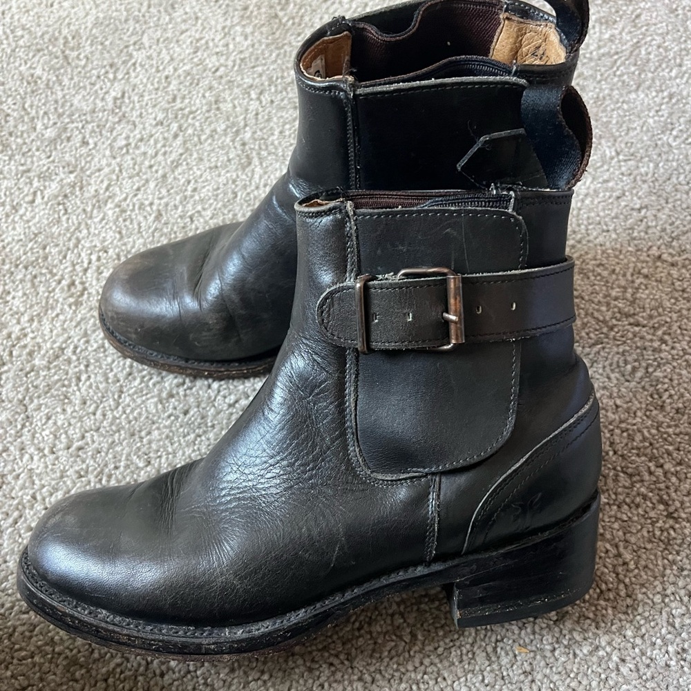 Vintage Frye Black Leather Ankle Boots with Buckle